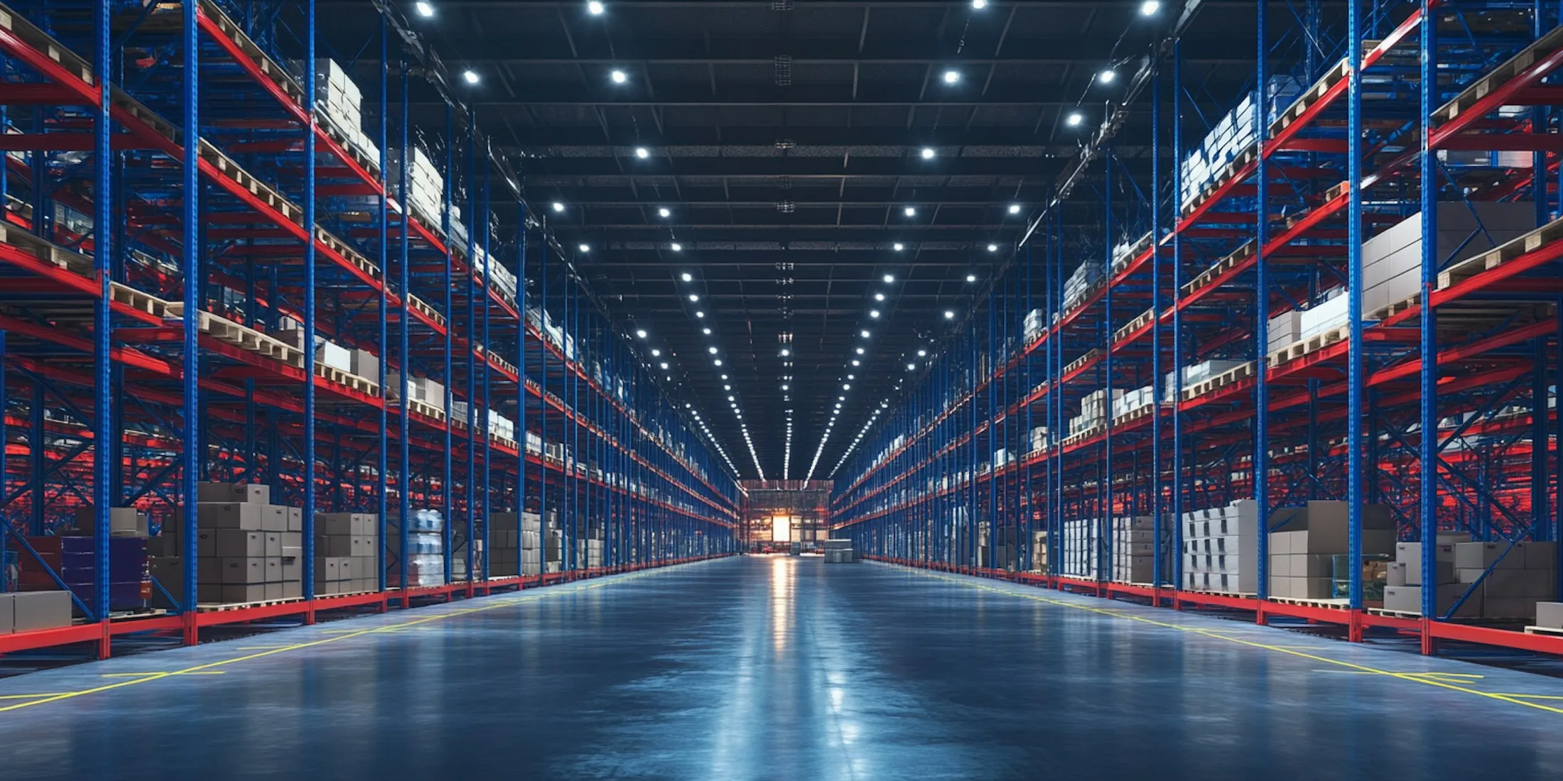 A long, brightly lit warehouse aisle at night